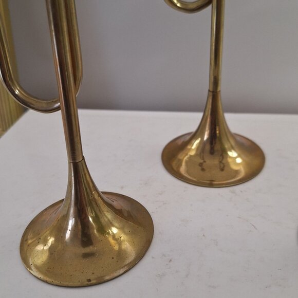 3 Vintage Brass Candle Holders Christmas horn taper candlestick - Picture 3 of 5